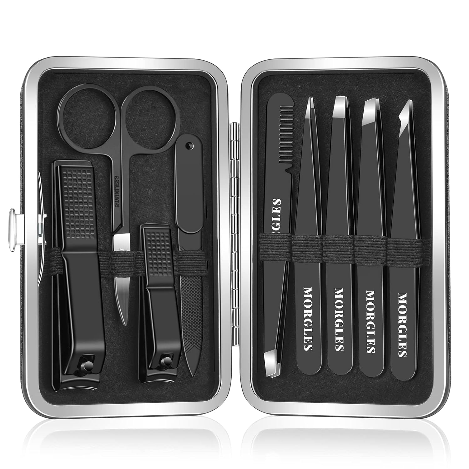 Mens Grooming Kit Case - 9-Piece Stainless Steel Tweezers & Nail