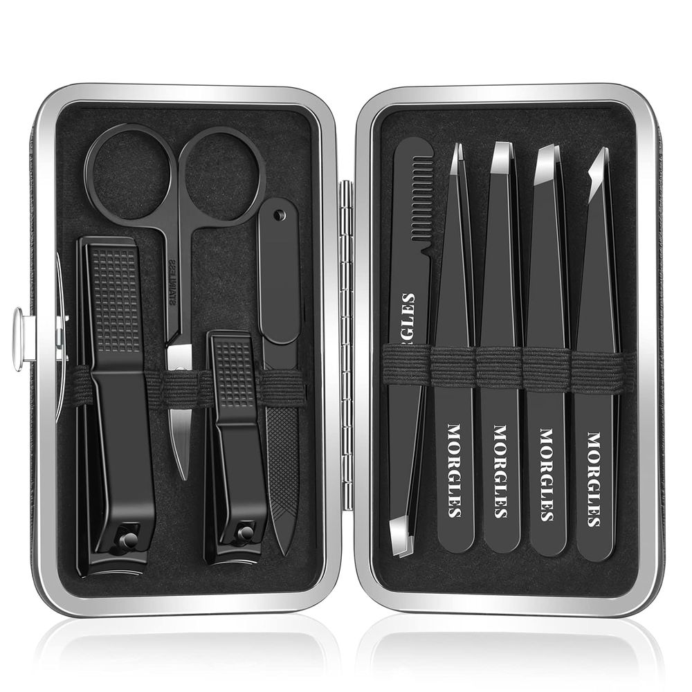 Mens Grooming Kit Case - 9-Piece Stainless Steel Grooming Kit: Travel